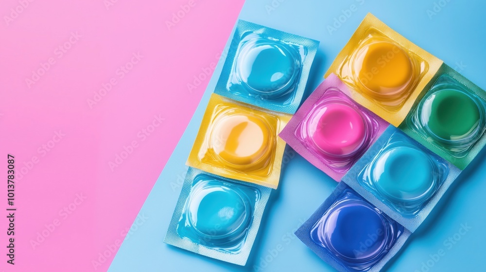 Bright plastic packages with multi-colored condoms in a ribbon ...