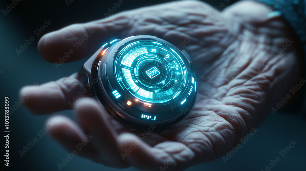 A futuristic hormonal health device on elderly skin, ergonomic and sleek with minimalist 3D interface icons, realistic lighting, close-up shot