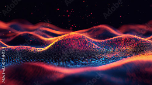 Abstract neon futuristic digital wallpaper with flow mesh wave with colorful vibrant bokeh dots on black background. depicting: future technology, cloud storage, cyberspace and cybersecurity concepts