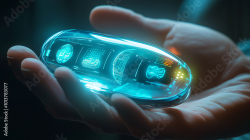 A futuristic hormonal health device on elderly skin, ergonomic and sleek with minimalist 3D interface icons, realistic lighting, close-up shot