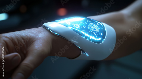 Obraz na płótnie A futuristic hormonal health device on elderly skin, ergonomic and sleek with minimalist 3D interface icons, realistic lighting, close-up shot w salonie