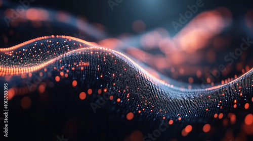 Abstract neon futuristic digital wallpaper with flow mesh wave with orange bokeh dots on black background. depicting: future technology, cloud storage, cyberspace and cybersecurity concepts