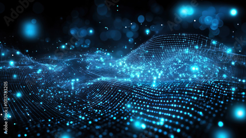 Abstract neon futuristic digital wallpaper with flow mesh wave with blue bokeh dots on black background. depicting: future technology, cloud storage, cyberspace and cybersecurity concepts