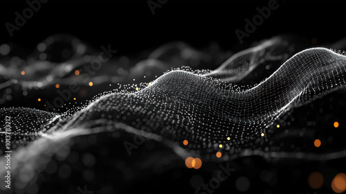 Abstract neon futuristic digital wallpaper with flow mesh wave with white bokeh dots on black background. depicting: future technology, cloud storage, cyberspace and cybersecurity concepts