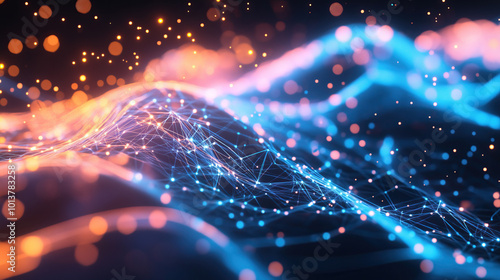 Abstract futuristic digital wallpaper with blue and orange wavy mesh web 