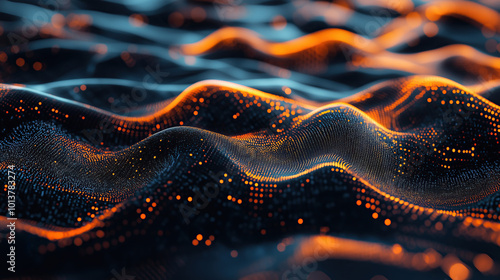 Abstract neon futuristic digital wallpaper with flow mesh wave with orange and blue bokeh dots on black background. depicting: future technology, cloud storage, cyberspace and cybersecurity concepts