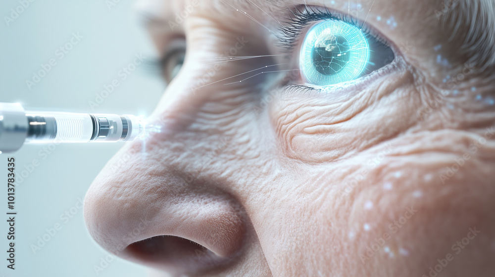 A close-up of advanced medical tech devices on elderly skin, illustrating hormonal balance technology, clean and minimalist design