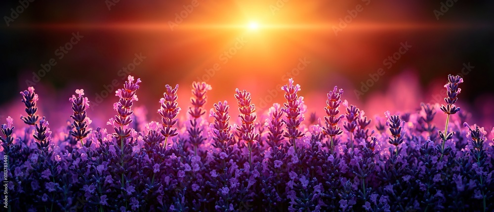 A field of lavender flowers bathed in the warm glow of the setting sun. A field of lavender flowers bathed in the warm glow of the setting sun.
