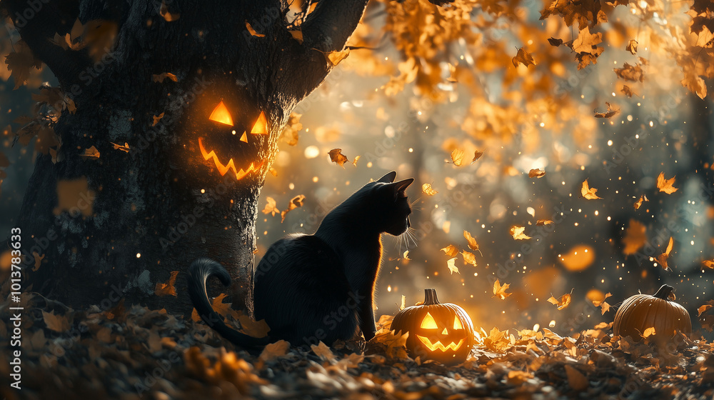 A black cat under a spooky autumn tree with glowing jack-o-lanterns and falling leaves, Halloween atmosphere