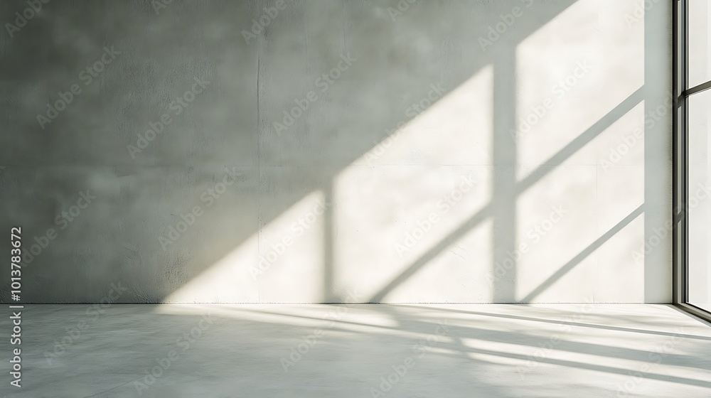 Obraz premium Sunlight streams through a large window onto a blank concrete wall in a minimalist room, creating long shadows.