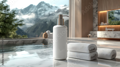 A white pump bottle of lotion sits on a marble counter in a luxurious bathroom with towels and a view of snow-capped mountains.