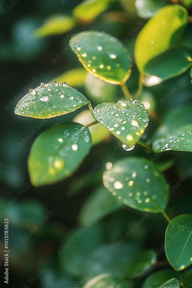 Close up of Dew Drops on Lush Green Leaves in Sunlight