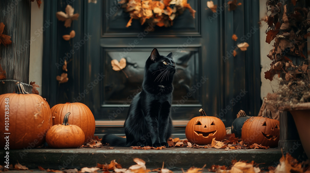 A black cat sitting on a porch surrounded by pumpkins, autumn leaves scattered around, Halloween atmosphere