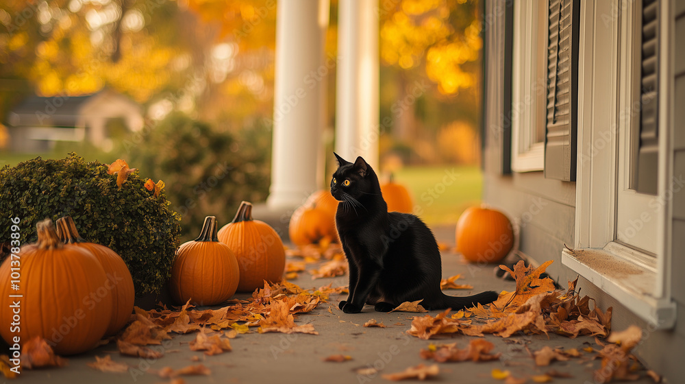A black cat sitting on a porch surrounded by pumpkins, autumn leaves scattered around, Halloween atmosphere
