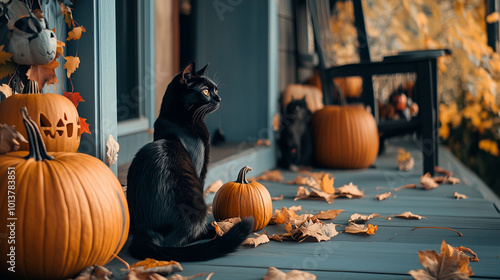 A black cat sitting on a porch surrounded by pumpkins, autumn leaves scattered around, Halloween atmosphere