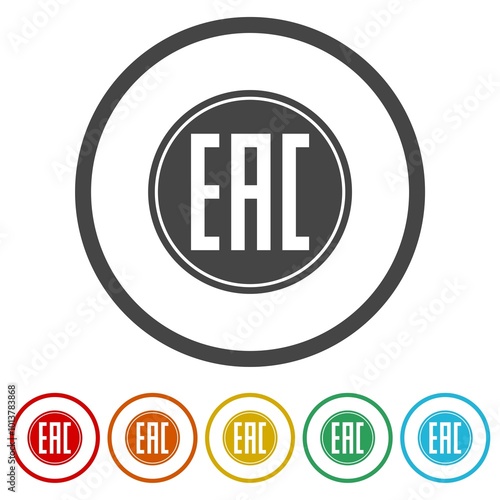 EAC sign, single icon product mark package. Set icons in color circle buttons