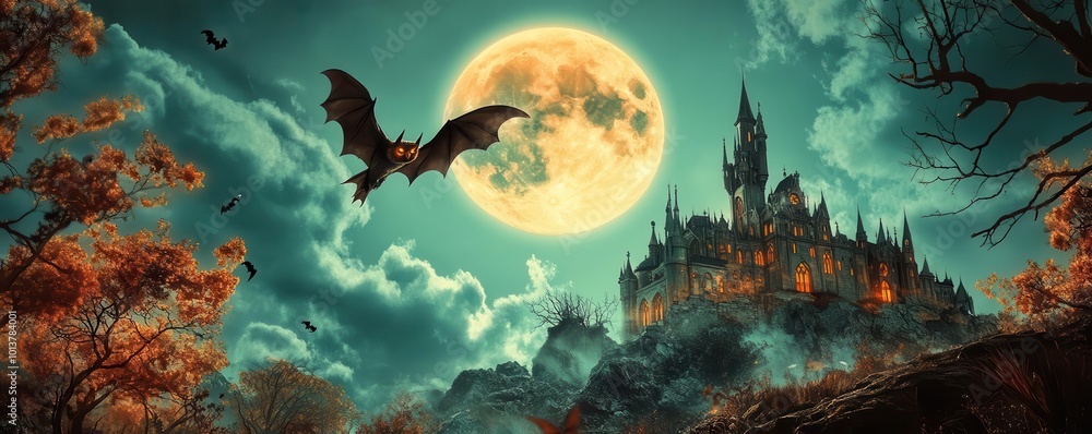 Fototapeta premium A mysterious, spooky castle silhouetted against a full moon and a flying bat.