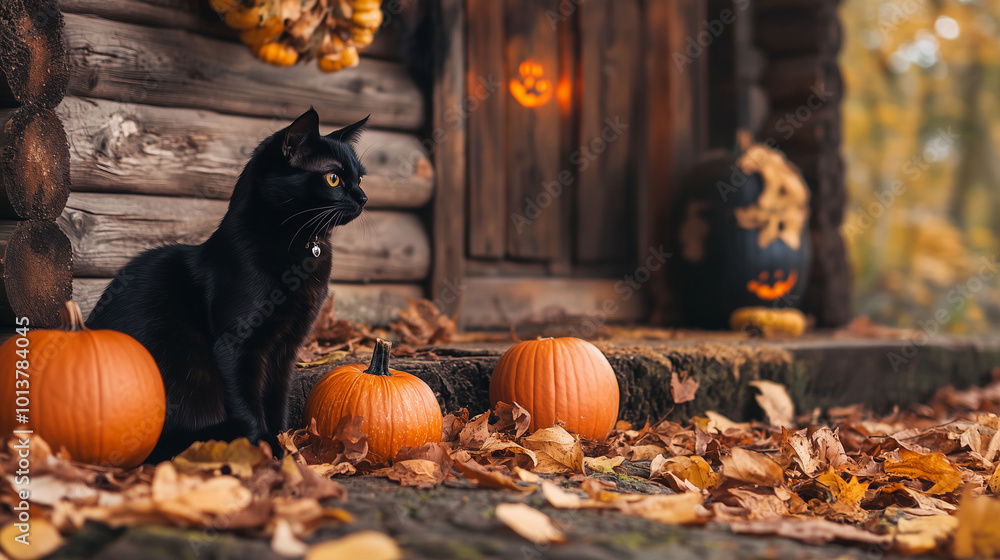 A black cat and pumpkins near a rustic wooden cabin, autumn leaves on the ground, warm lighting, cozy Halloween atmosphere