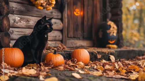 Obraz na płótnie A black cat and pumpkins near a rustic wooden cabin, autumn leaves on the ground, warm lighting, cozy Halloween atmosphere w salonie