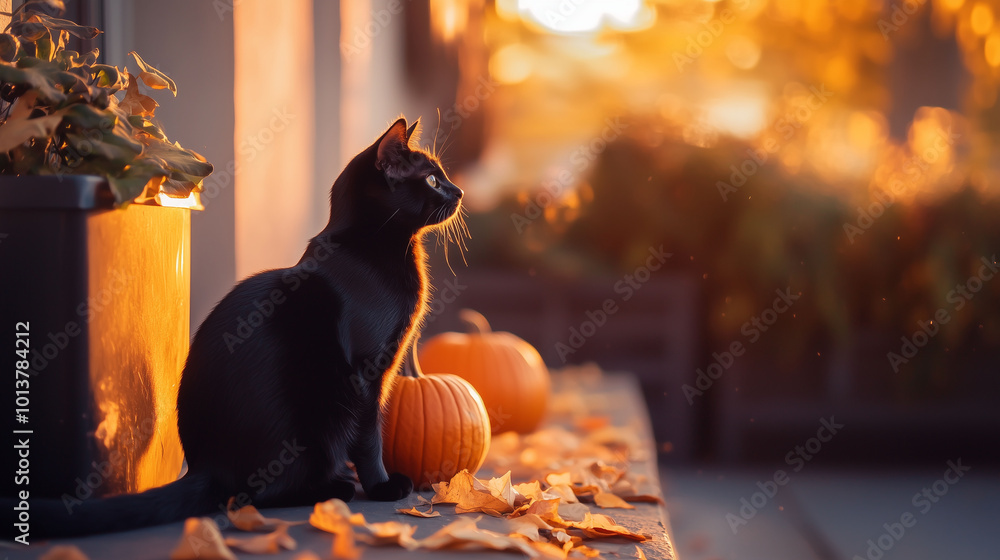 A black cat and pumpkins lit by sunset light on a cozy front porch, autumn leaves and warm Halloween atmosphere