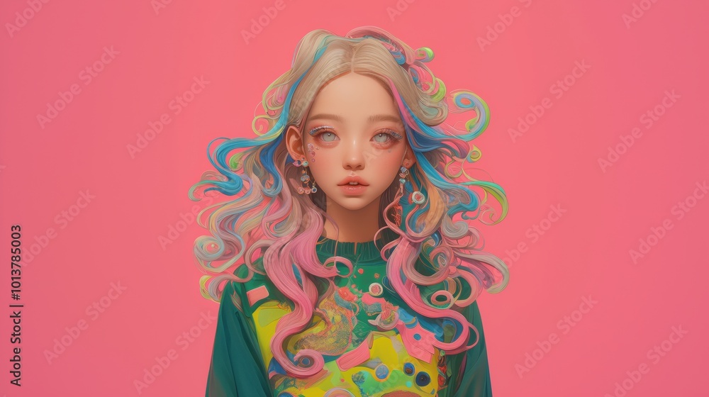 Surreal Portrait of a Girl with Vibrant Abstract Elements on Pink Background Surreal Portrait of a Girl with Vibrant Abstract Elements on Pink Background