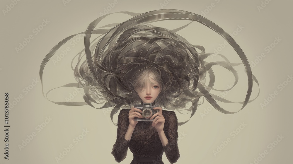 Fototapeta premium Retro-Inspired Portrait of a Girl Photographer with Film Strips in Stylized Art