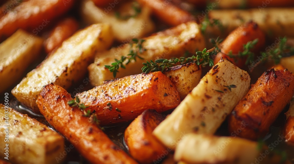 A side dish of roasted parsnips and carrots, caramelized and seasoned with thyme A side dish of roasted parsnips and carrots, caramelized and seasoned with thyme
