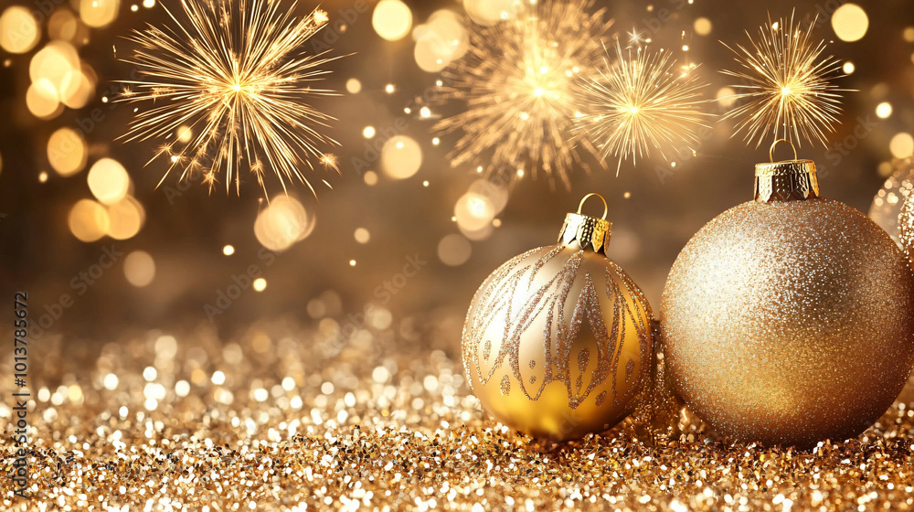 Shiny Christmas tree balls on golden sparkle bokeh background with sparkle and glitter. Celebrating winter New Year holiday on festive atmosphere. Shiny Christmas tree balls on golden sparkle bokeh background with sparkle and glitter. Celebrating winter New Year holiday on festive atmosphere.