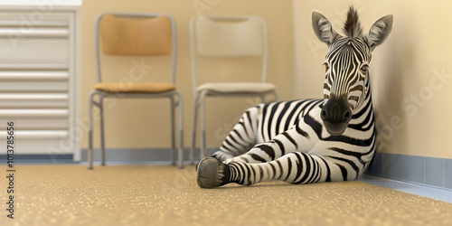 A graceful zebra's striped legs resting on the clinic floor, contrasting with the neutral beige color scheme.