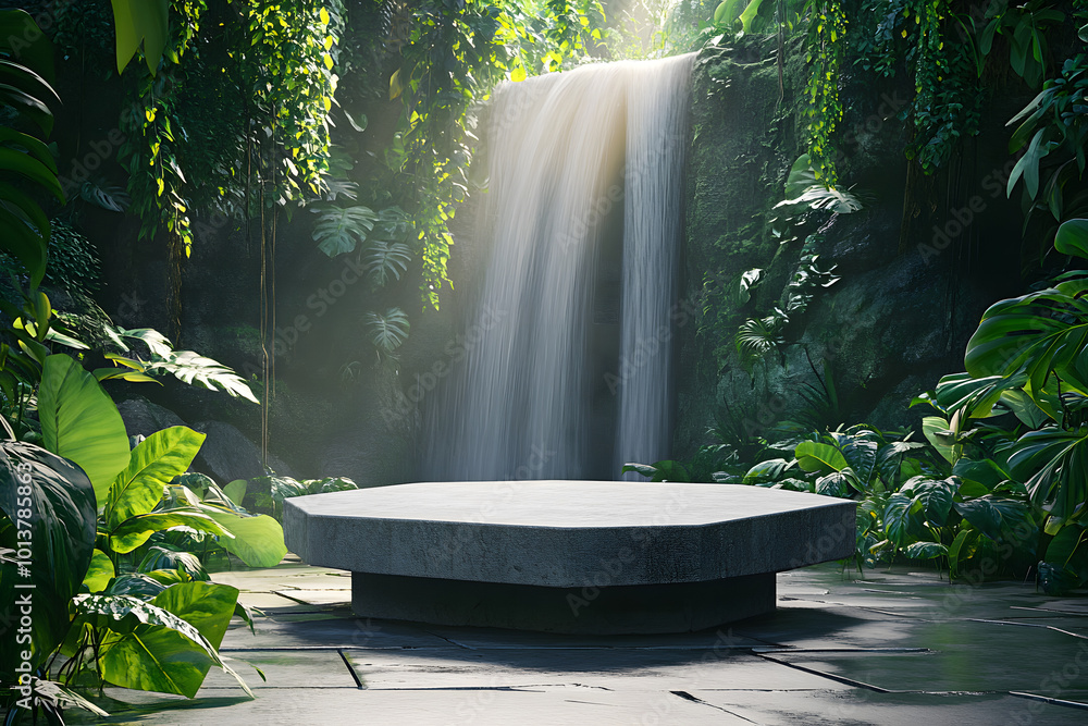 Waterfall Podium in a Rainforest, podium for product presentation, simple stone podium set against a backdrop of a majestic waterfall in a lush surreal rainforest. Waterfall Podium in a Rainforest, podium for product presentation, simple stone podium set against a backdrop of a majestic waterfall in a lush surreal rainforest.