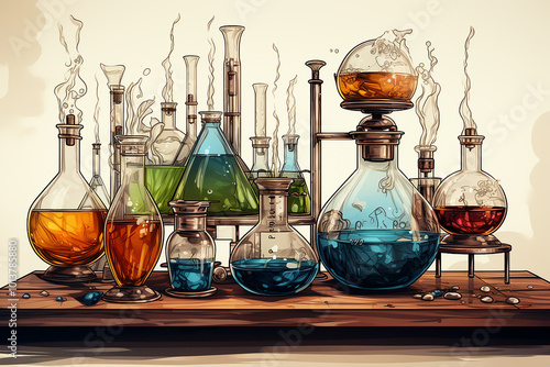 Laboratory, chemical tubes and flasks of different shape and color, 3D illustration
