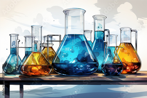 Laboratory, chemical tubes and flasks of different shape and color, 3D illustration
