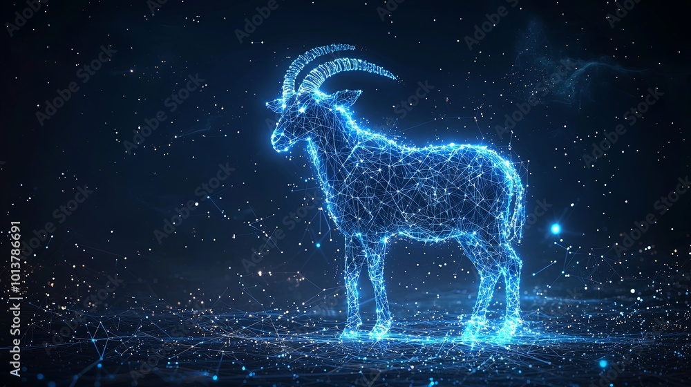A luminous goat constellation made of interconnected starlight lines, creating a serene cosmic image illustrating the harmonious patterns of the night sky. A luminous goat constellation made of interconnected starlight lines, creating a serene cosmic image illustrating the harmonious patterns of the night sky.