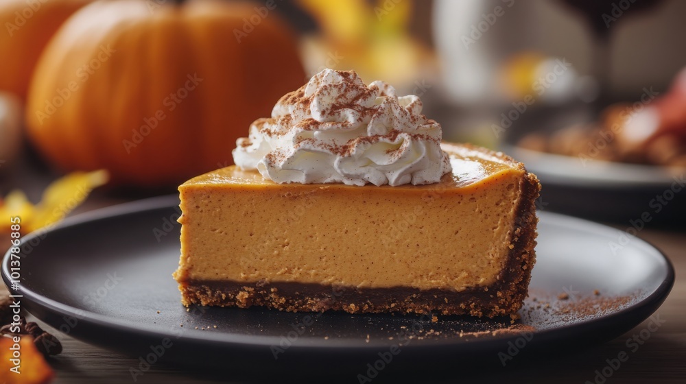 A slice of pumpkin cheesecake with a gingersnap crust, topped with whipped cream and a sprinkle of nutmeg. A slice of pumpkin cheesecake with a gingersnap crust, topped with whipped cream and a sprinkle of nutmeg.