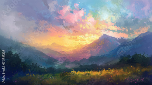 An impressionist landscape painting of a mountain scene at sunrise, with soft colors and dramatic light