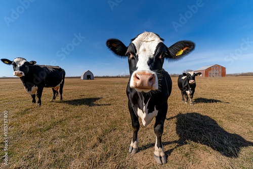 Cows grazing in a wide-open field, with a barn in the background and a clear blue sky, representing the rural environmentâ€™s connection to nature and farming