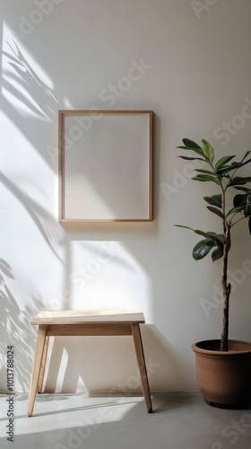 A serene corner featuring a wooden bench, framed art, and a potted plant illuminated by gentle sunlight, creating a peaceful ambience.