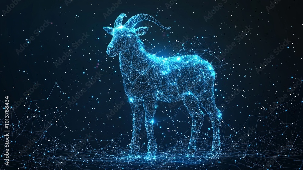 This image shows a glowing constellation goat in a vast cosmic expanse, created from intertwining lines of light, invoking feelings of awe and exploration. This image shows a glowing constellation goat in a vast cosmic expanse, created from intertwining lines of light, invoking feelings of awe and exploration.