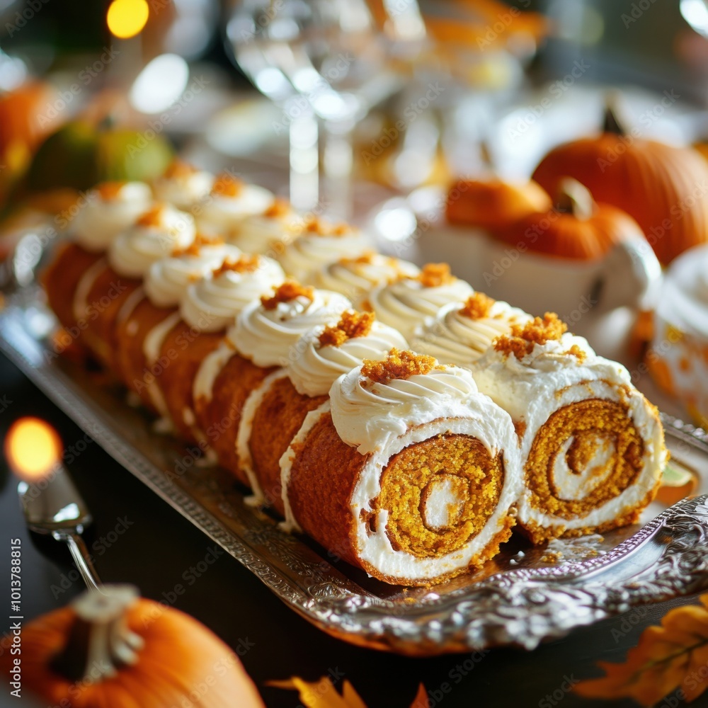A spiced pumpkin roll filled with cream cheese frosting, sliced and arranged on a dessert platter. A spiced pumpkin roll filled with cream cheese frosting, sliced and arranged on a dessert platter.
