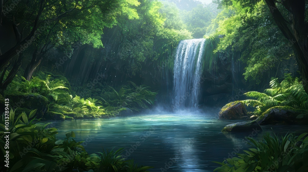 Serene tropical waterfall surrounded by lush greenery Serene tropical waterfall surrounded by lush greenery