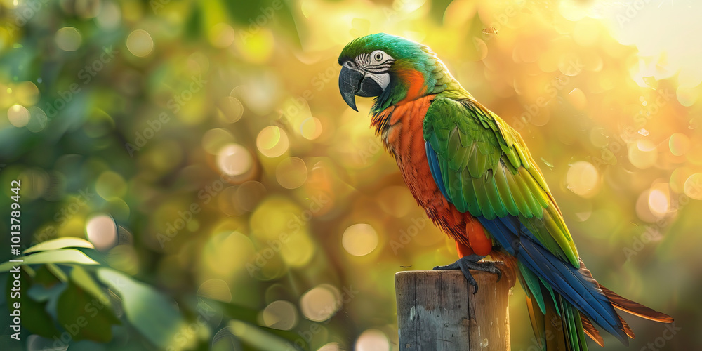 A colorful parrot perched on a wooden perch, its green feathers shining in the light. A colorful parrot perched on a wooden perch, its green feathers shining in the light.
