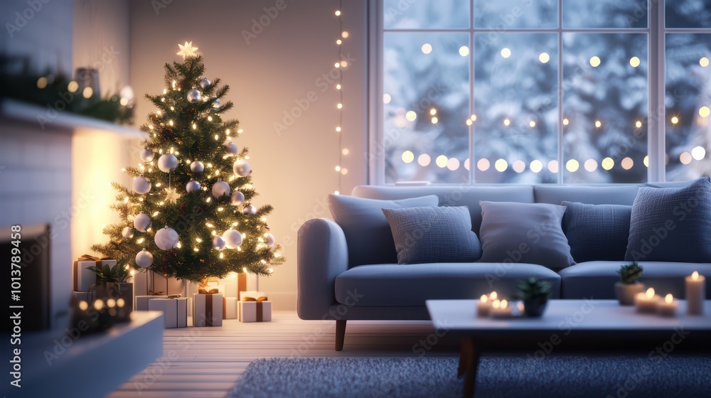 Cozy living room with festive Christmas tree and decorations Cozy living room with festive Christmas tree and decorations