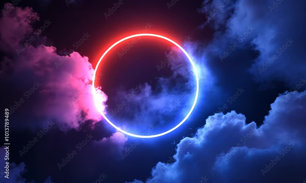 abstract cloud illuminated with neon light ring on dark night sky. Glowing geometric shape, round frame Video abstract cloud illuminated with neon light ring on dark night sky. Glowing geometric shape, round frame Video