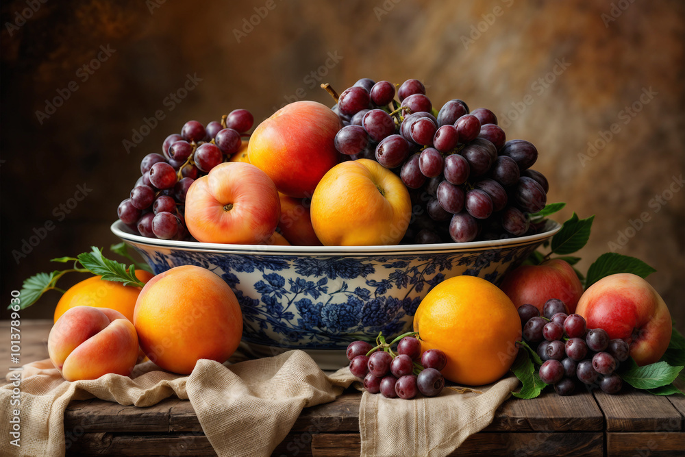 Still life with fruits in a plate. Grapes and peaches and oranges Still life with fruits in a plate. Grapes and peaches and oranges