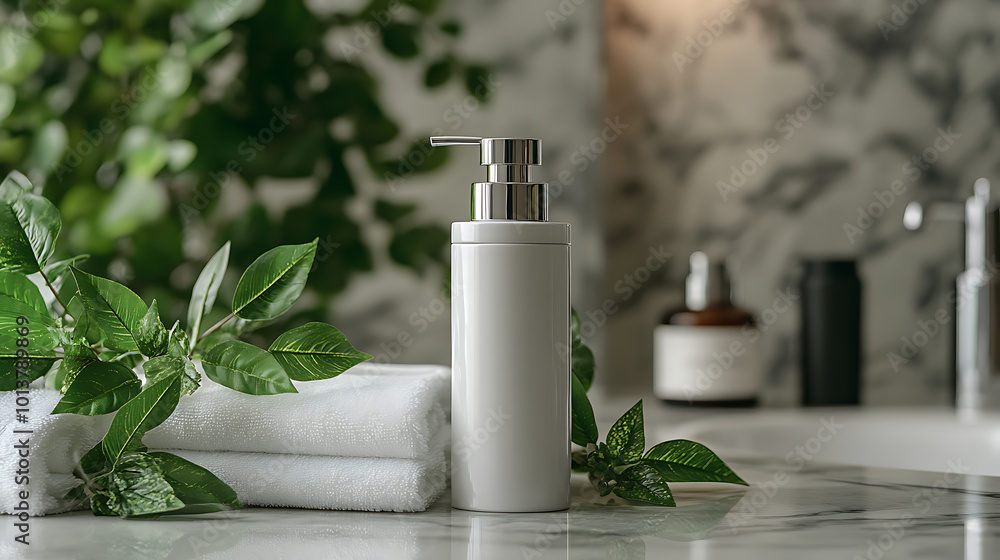 White pump bottle of lotion or soap with a silver pump on a white marble countertop with towels and greenery. White pump bottle of lotion or soap with a silver pump on a white marble countertop with towels and greenery.