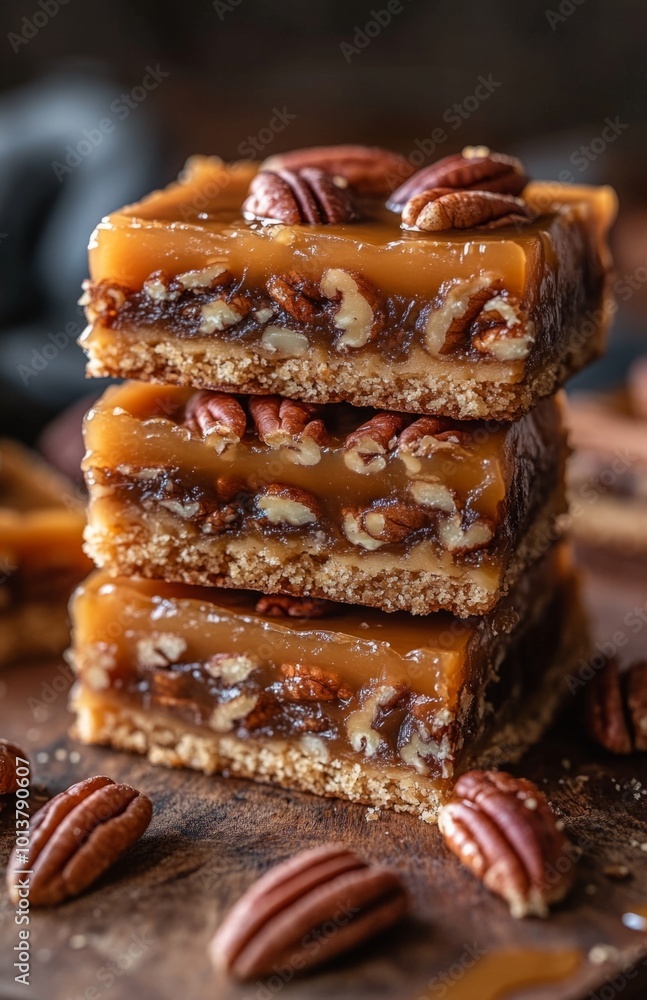 Pecan praline bars with caramel and whole pecans in layers Pecan praline bars with caramel and whole pecans in layers
