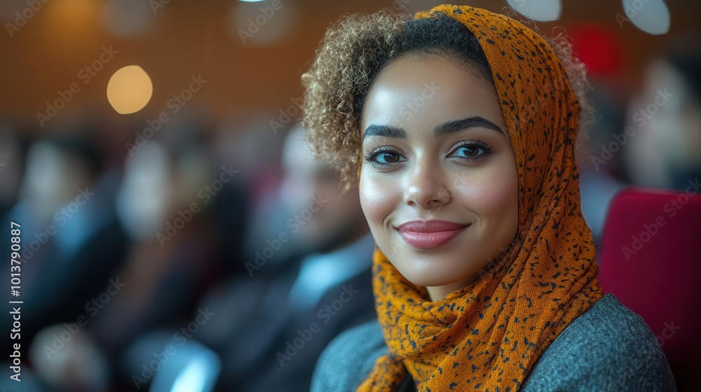 diverse group of professionals at a business conference featuring a smiling muslim woman in the audience representing inclusivity and empowerment within the corporate environment diverse group of professionals at a business conference featuring a smiling muslim woman in the audience representing inclusivity and empowerment within the corporate environment