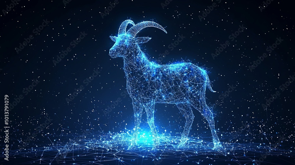 An abstract digital goat, composed of glowing lines and nodes, stands majestically under the vast expanse of a star-lit night, evoking mystery and wonder. An abstract digital goat, composed of glowing lines and nodes, stands majestically under the vast expanse of a star-lit night, evoking mystery and wonder.