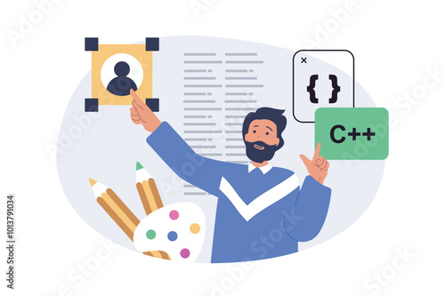 Design development concept in modern flat design for web. Man creating homepage template, coding and programming, placing text and content, brainstorming and finding improvement. Vector illustration.