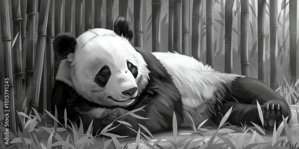 A black and white panda bear relaxing in its enclosure at the zoo, bamboo stalks surrounding it. A black and white panda bear relaxing in its enclosure at the zoo, bamboo stalks surrounding it.